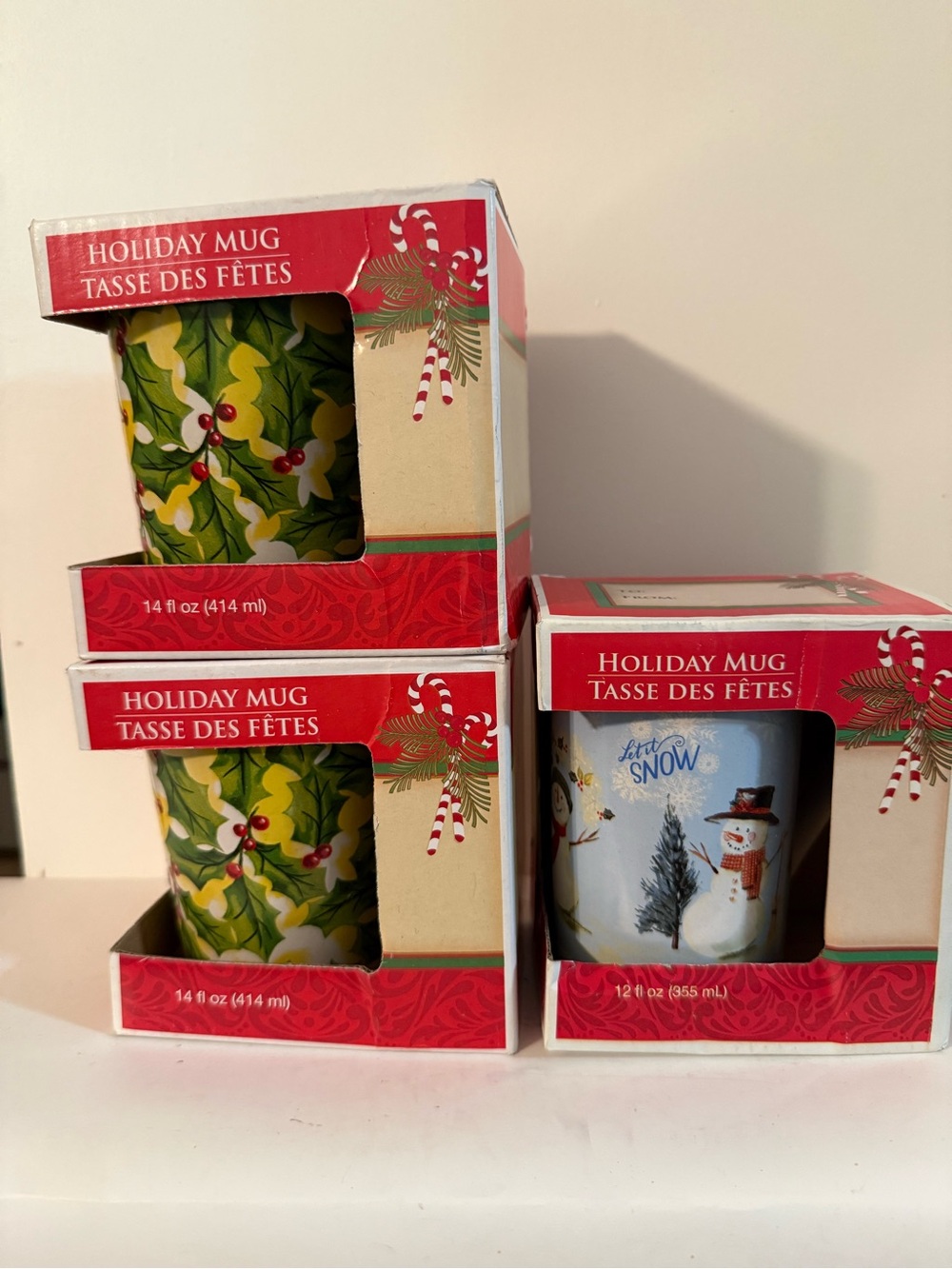 Mug’s Green Holly & White Snowman Designs let it snow set off 3